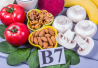 B7-vitamiinia eli biotiinia sisältäviä ruoka-aineita, kuten tomaatteja, sieniä, manteleita, saksanpähkinöitä, banaania ja punajuurta, aseteltuna värikkäästi pöydälle.
