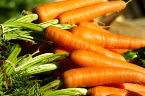 Tuoreita, oransseja porkkanoita naatteineen myyntipöydällä