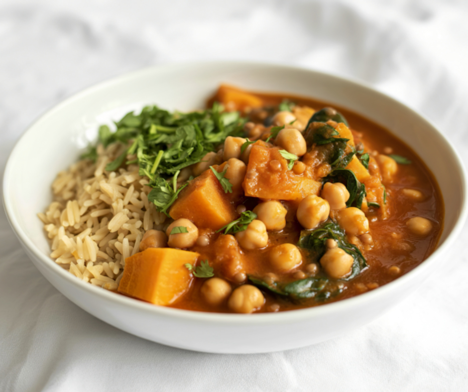 Kuva kikhernecurrysta lautasella. Kikhernecurry sisältää kikherneitä, currykastiketta ja bataattia. Lisäksi on riisiä.