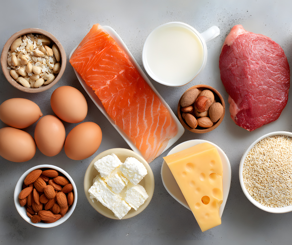 Kuvassa on proteiininlähteitä; lohta, lihaa, kananmunaa, pähkinöitä, juustoa ja jogurttia