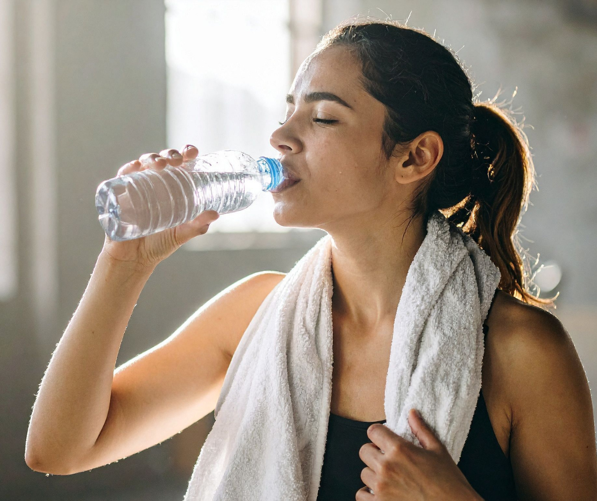 Kuvassa nainen juo vettä vesipullosta kuntosalilla.