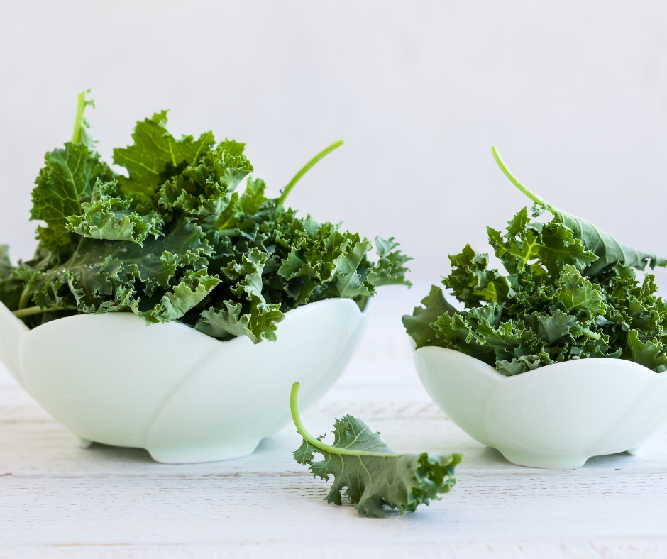 Kuvassa kahdessa valkoisessa kulhossa lehtikaalia.