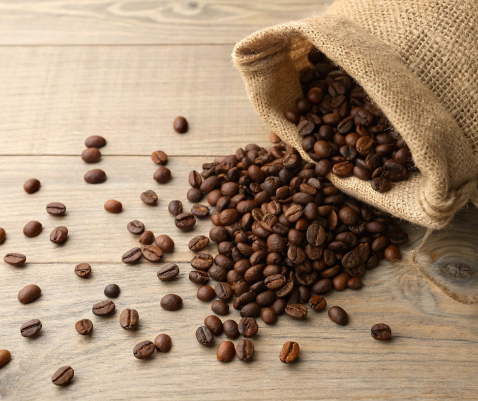 Kuvassa pussillinen kahvipapuja kaatuneena pöydälle.