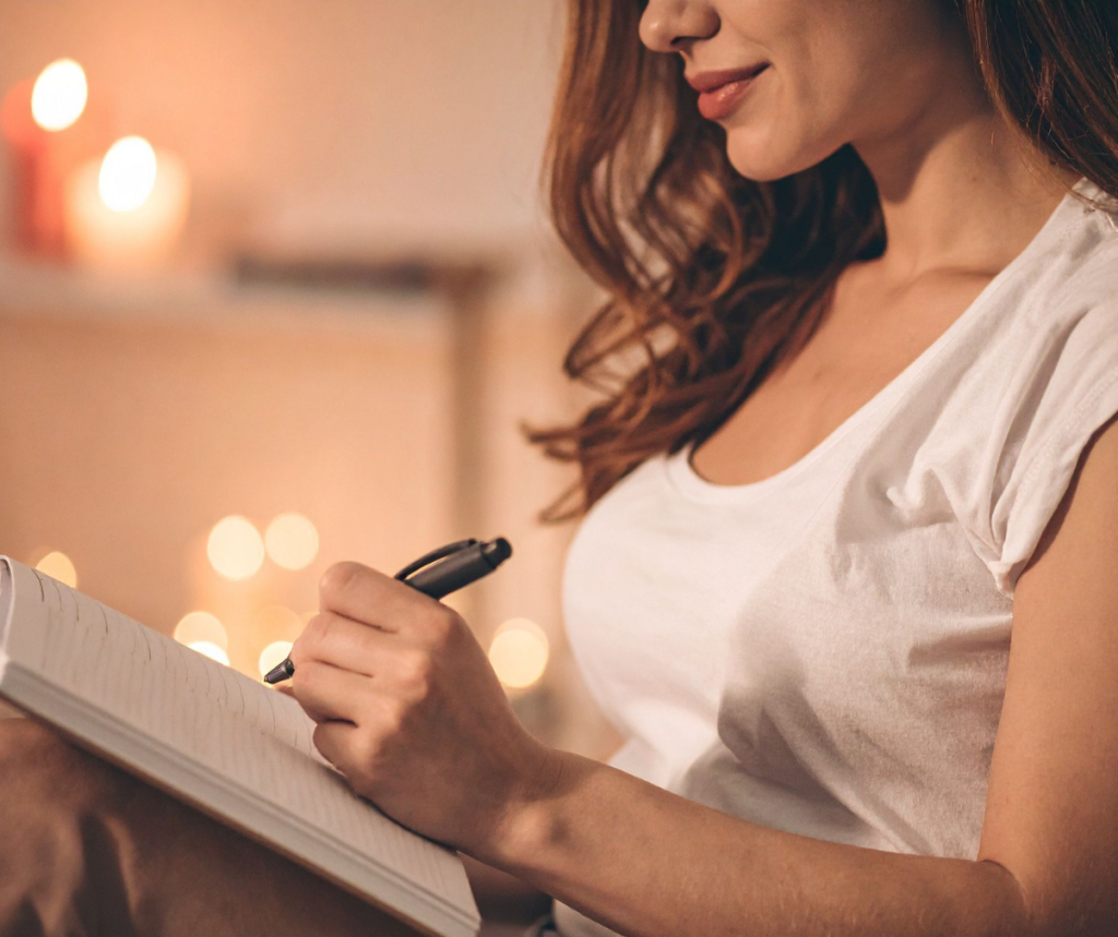 Kuvassa nainen kirjoittaa kiitollisuuspäiväkirjaa