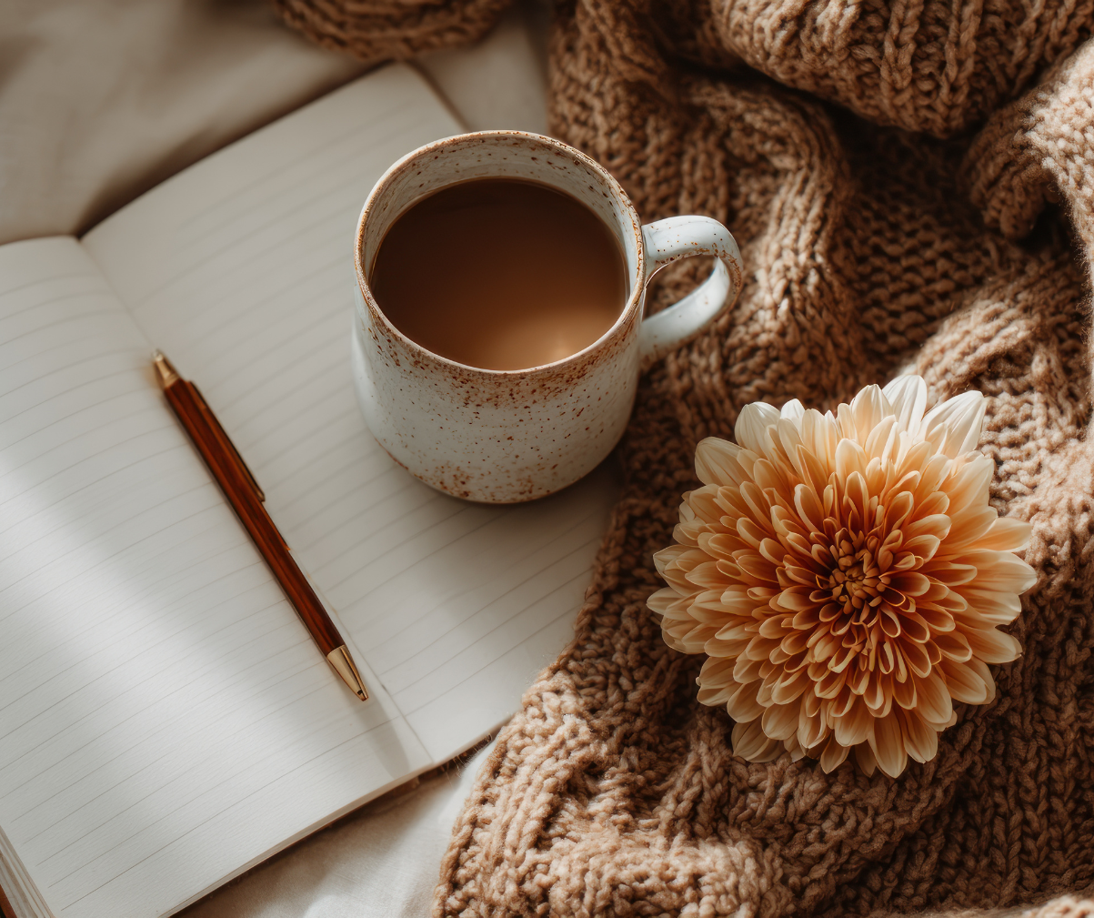 Kuvassa näkyy kiitollisuuspäiväkirja ja kuppi kahvia sekä kukka