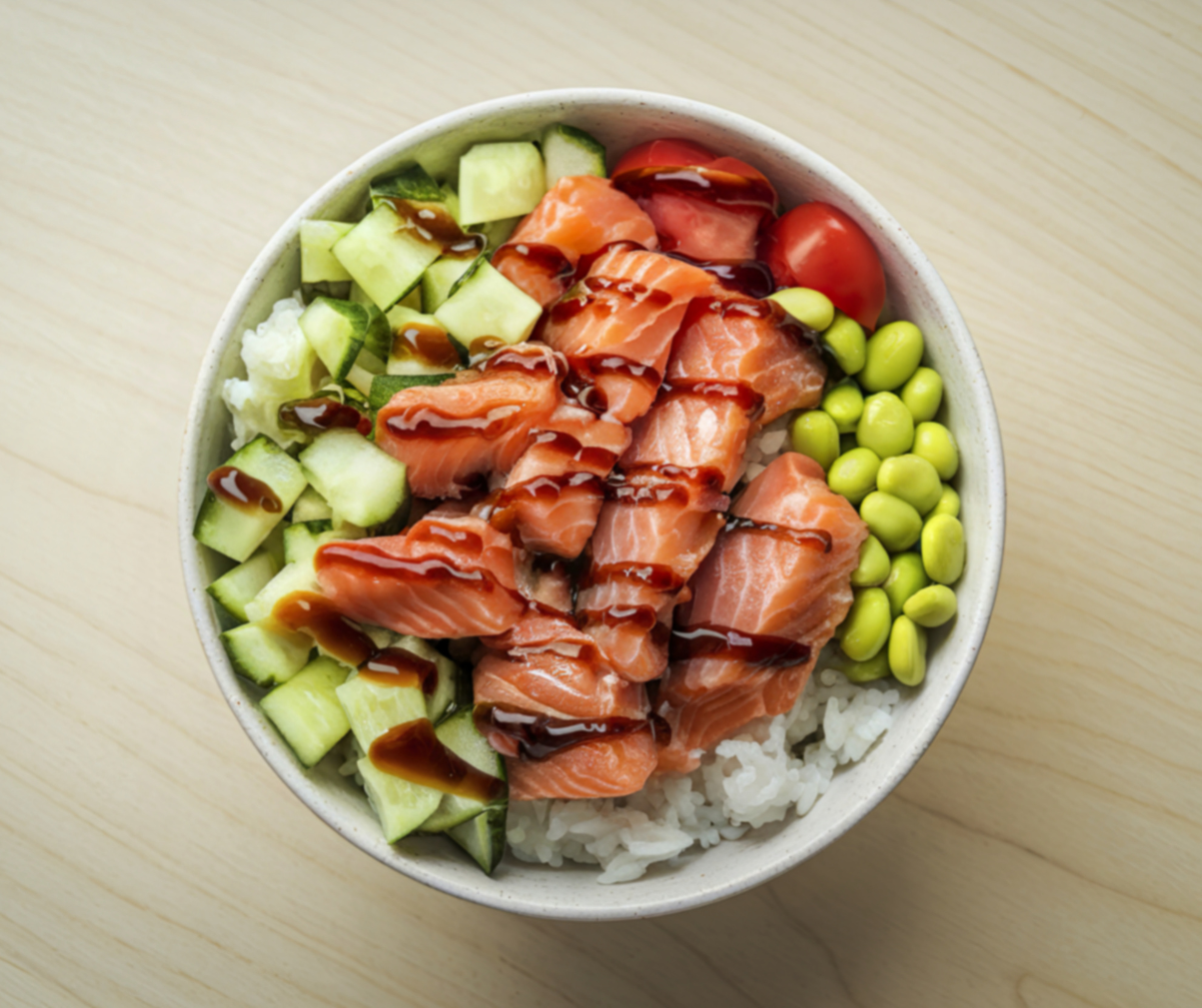 Kuvassa lohiriisibowl, jossa lohen ja riisin lisäksi soijapapuja