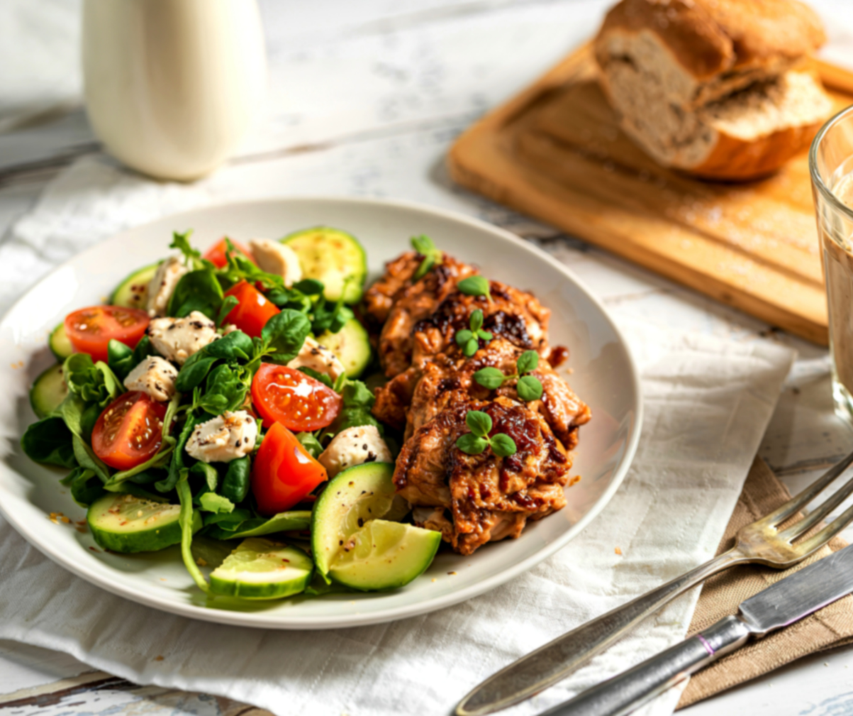 Kuvassa ravinteikas annos, jossa on sopivasti proteiinia ja kuitua