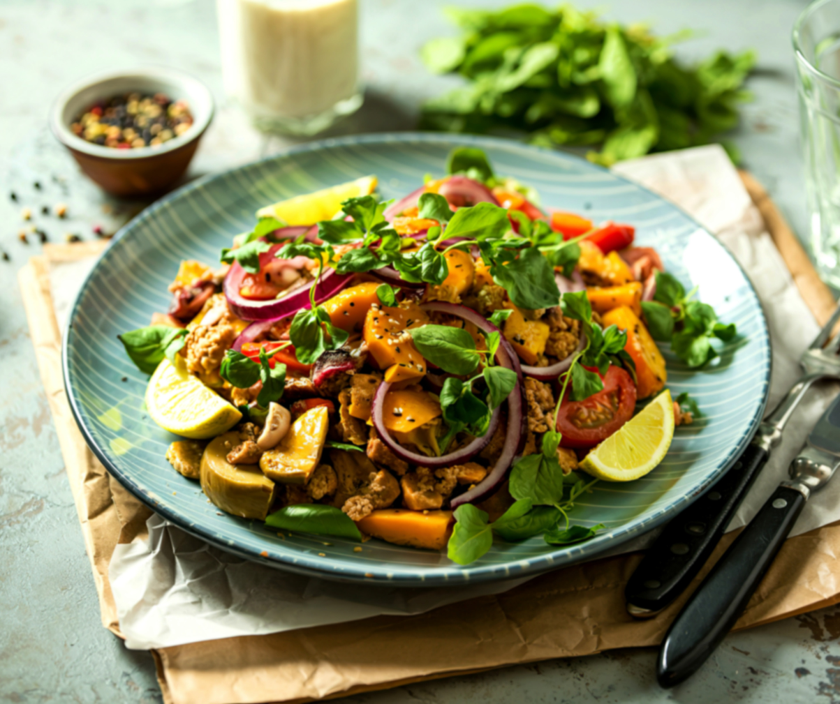 Kuvassa suuri annos ruokaa, jossa on runsaasti kasviksia seassa