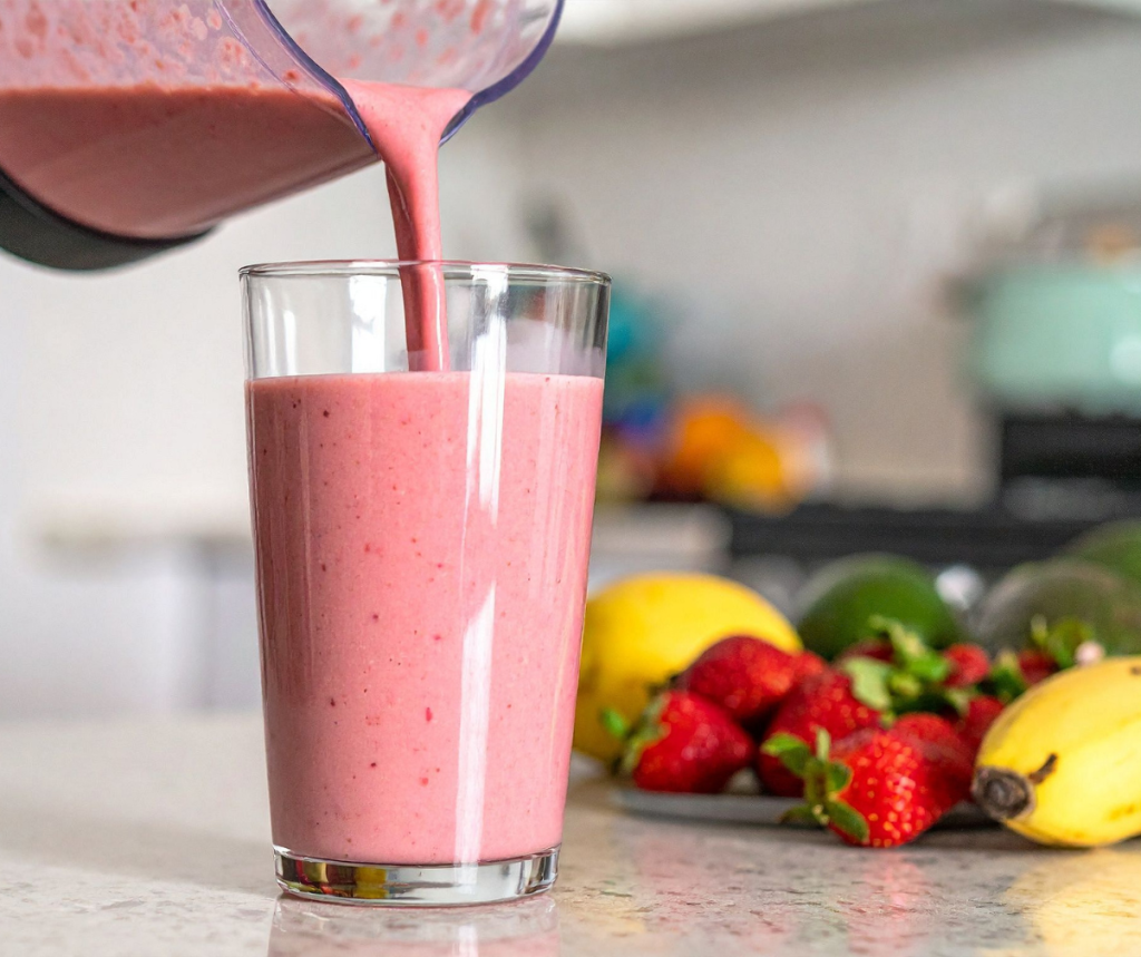 Kuvassa henkilö kaataa smoothieta lasiin