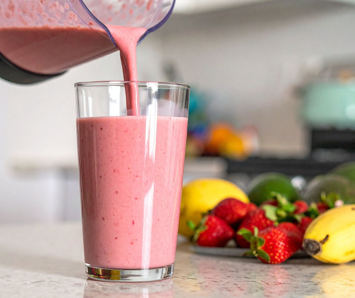 Kuvassa henkilö kaataa smoothieta lasiin