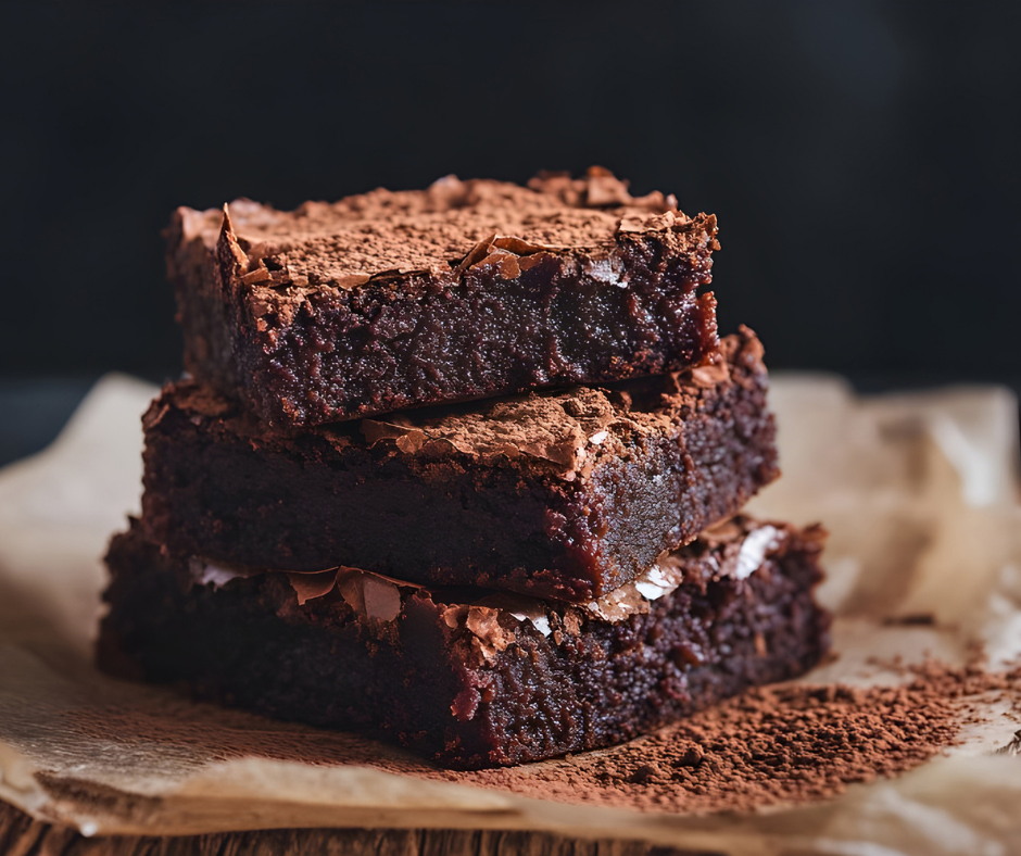Kolme brownie-palaa päällekkäin.