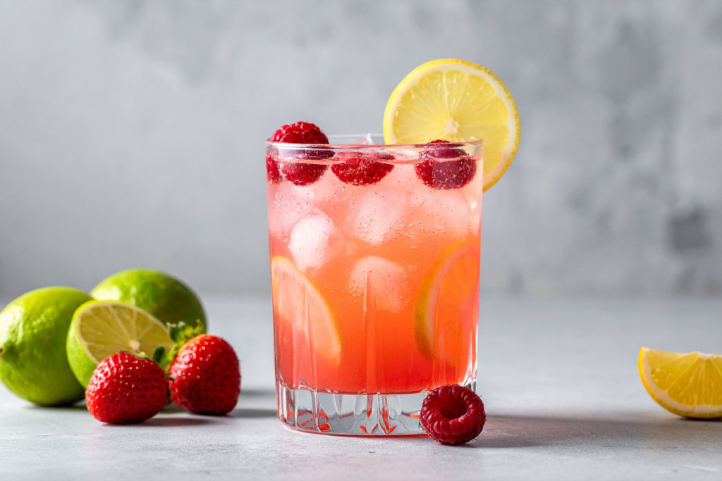 Drinkki, jossa koristeena limeä ja marjoja.