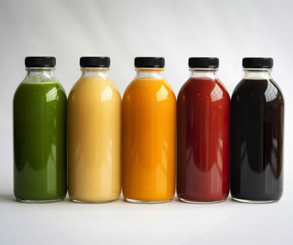 Erivärisiä smoothiepulloja rivissä.