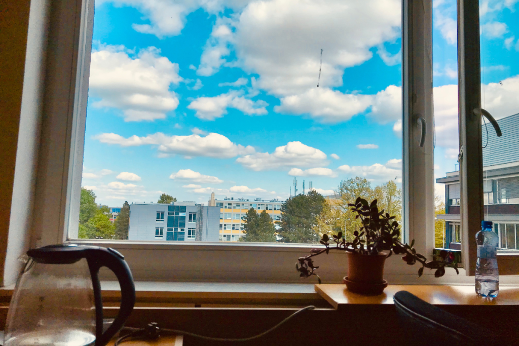 Ikkuna, josta näkyy kaupunkimaisema.